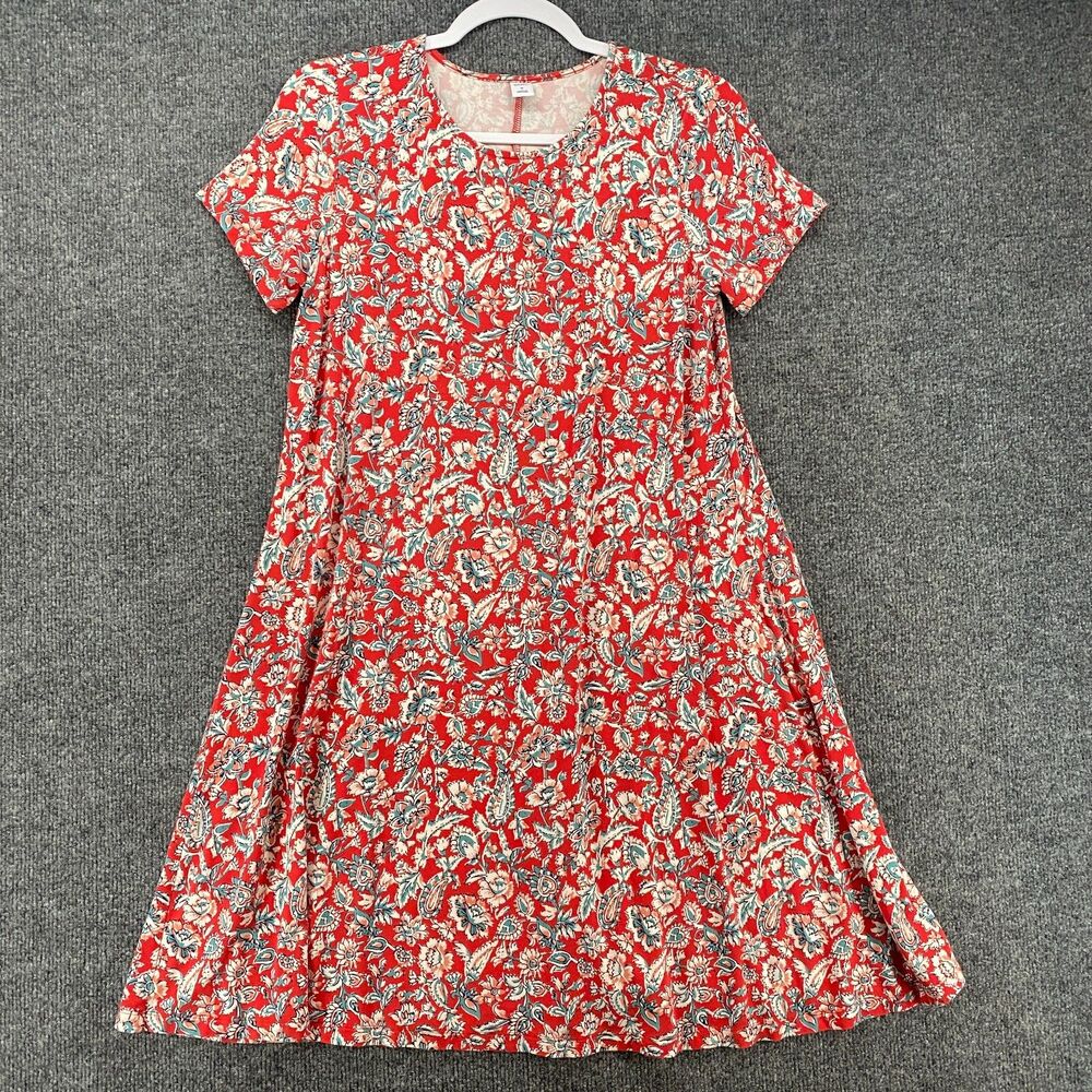 Old Navy Dress Womens M Red Floral A-Line Pullover Boho Cottagecore Prairie Farm